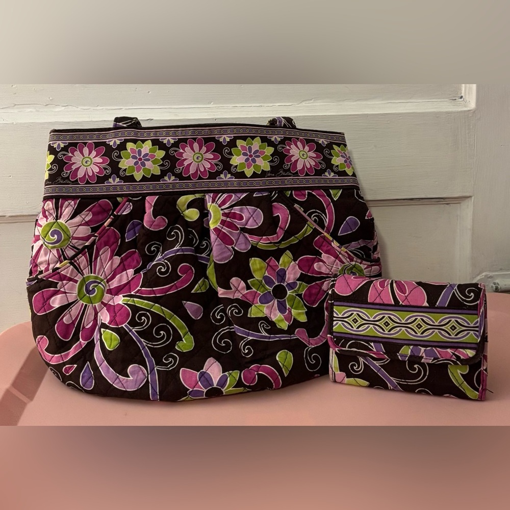 Vera Bradley Purple Punch shoulder tote bag with matching wallet